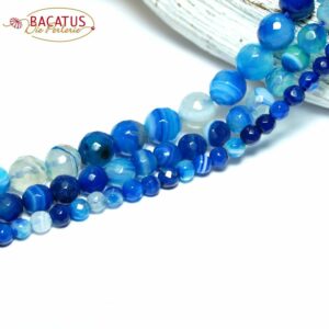 Band agate plain round faceted blue white 4 – 12 mm, 1 strand
