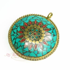 Tibetan pendant circle 72×63 mm turquoise, brass, red