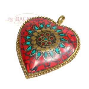 Tibetan pendant heart 75×60 mm red, brass, turquoise