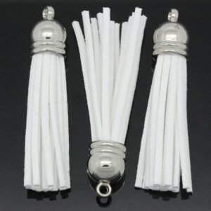 Velor tassel, white 60x10mm with silver-colored cap