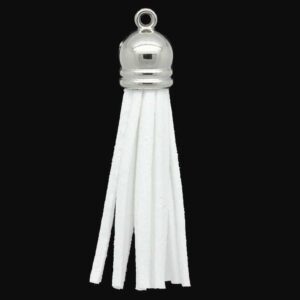 Velor tassel, white 60x10mm with silver-colored cap