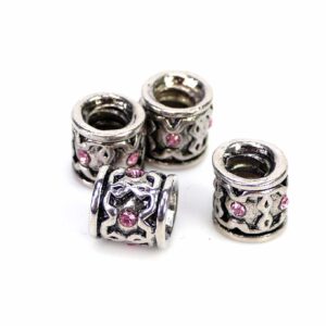 Large hole bead metal, silver, pink rhinestone 8 mm