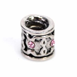 Large hole bead metal, silver, pink rhinestone 8 mm