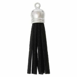 Velor tassel, black 60x10mm with silver-colored cap