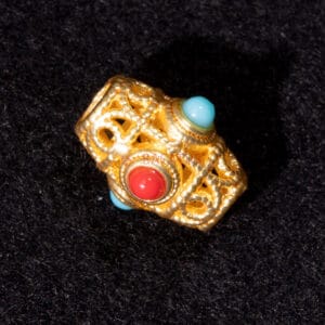 Nepal bead, filigree 7×10 mm metal, gold + stone, red and turquoise 1x