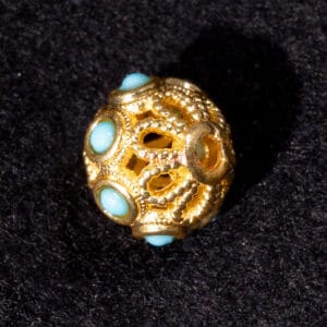 Nepal bead, filigree 9×9 mm metal, gold + stone, turquoise 1x
