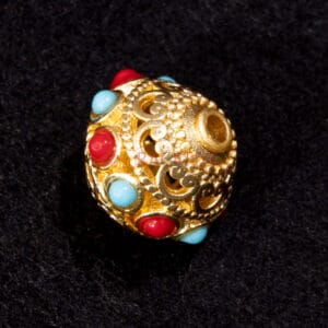 Nepal bead, filigree 10.5×10.5 mm metal, gold + stone, red and turquoise 1x