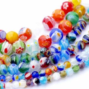 Perles en verre boule Millefiori multicolore 4, 6 ou 8 mm, 1 rang