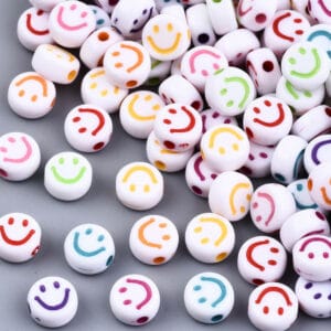 Perles lettres, plastique, blanc-multicolore 7×4 mm « Smile » mix 15x