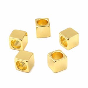 Metal bead large hole cube gold 8 mm
