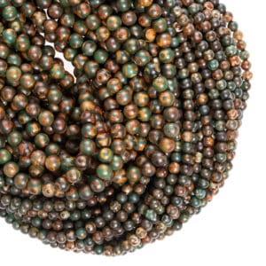 Boule d’agate tibétaine marron vert mat motif à 3 yeux environ 6-8mm, 1 rang